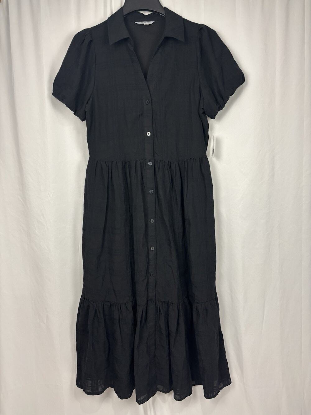 Ophelia Roe Black Button Up Maxi Shirt Dress Short Sleeves Tiered Size M Preppy